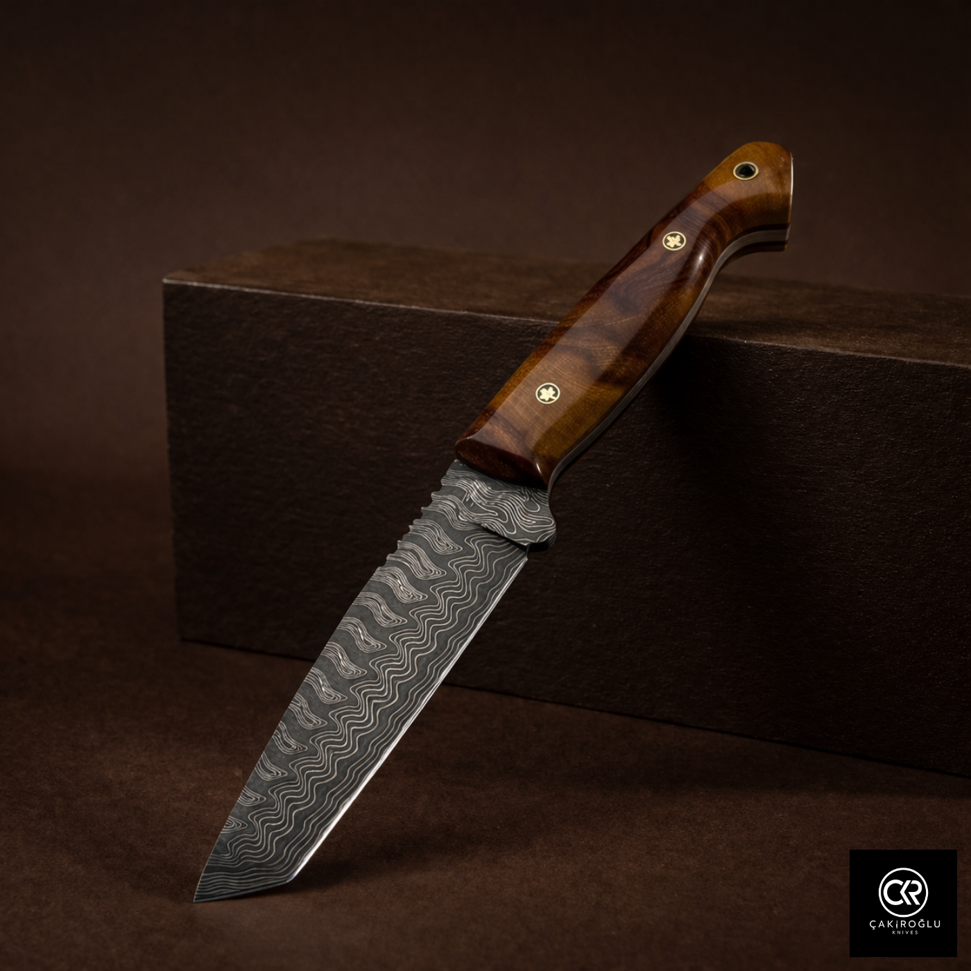 Çakıroğlu Handmade Custom-made Damascus Steel & Stabilized Tulipwood Handle Tanto Model Hunting Knife