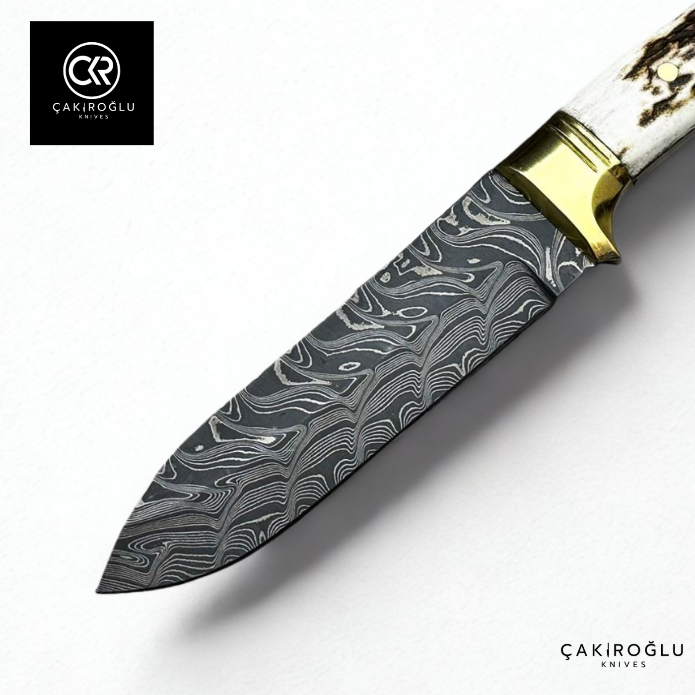 Handcrafted Custom-made Damascus Steel Bushcraft Hunting Knife - Deer Antler Handle & Brass Apron