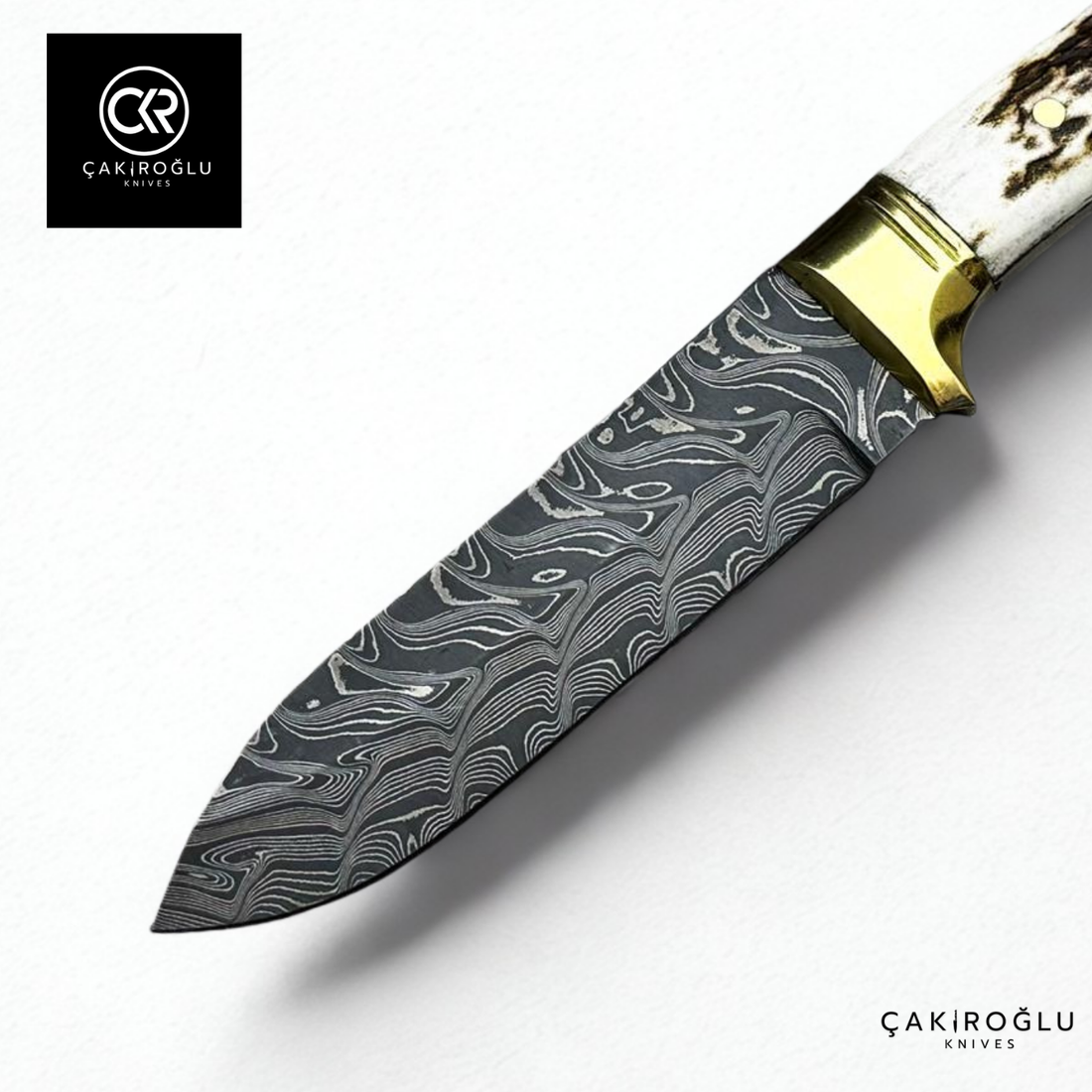 Handcrafted Custom-made Damascus Steel Bushcraft Hunting Knife - Deer Antler Handle & Brass Apron