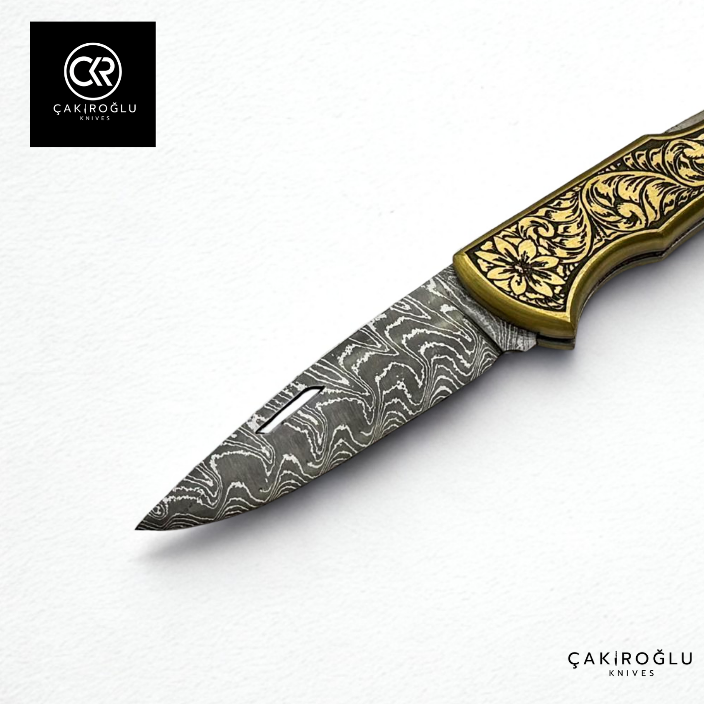 Showy Limited Edition Small Size Handcrafted Custom-made Folding Collectible Knife - Damascus Steel & Engraved Brass Handle