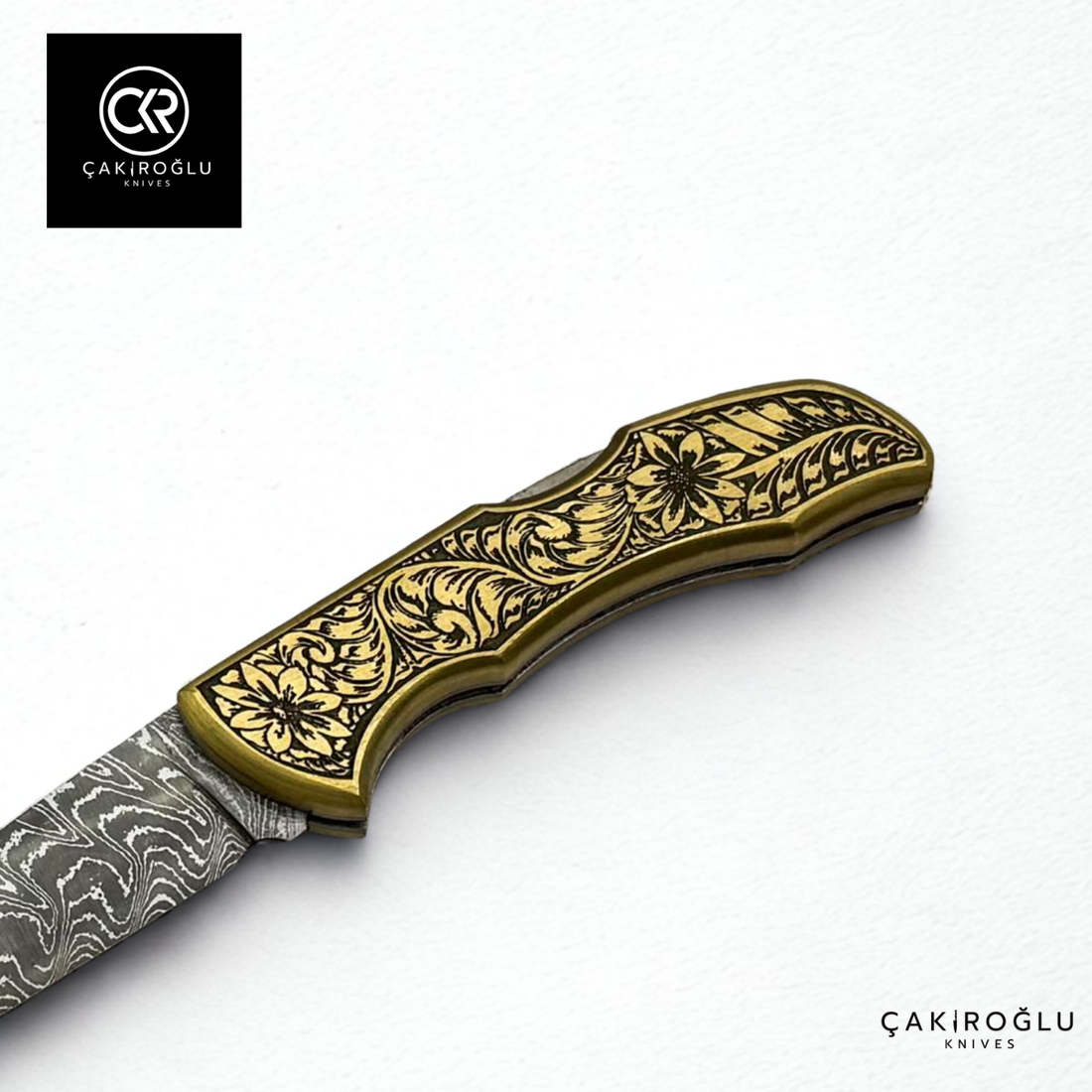 Showy Limited Edition Small Size Handcrafted Custom-made Folding Collectible Knife - Damascus Steel & Engraved Brass Handle