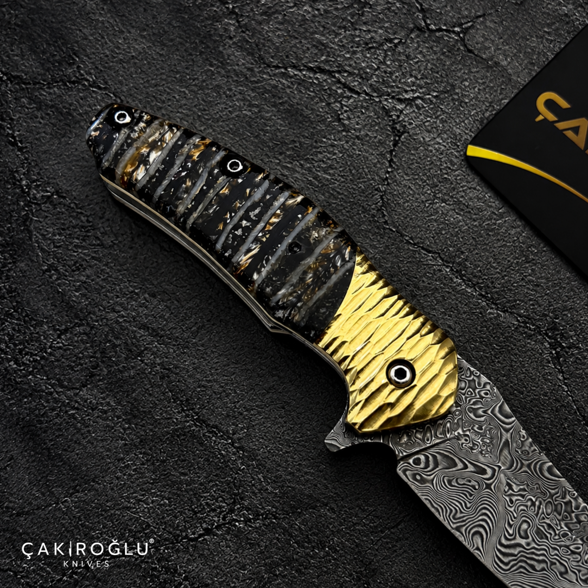 Limited Edition Stainless Damascus Steel Folding Knife with Mammoth Tusk Handle