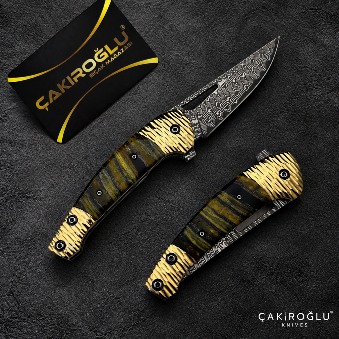 Limited Edition Stainless Damascus Steel Folding Knife with Mammoth Tusk Handle