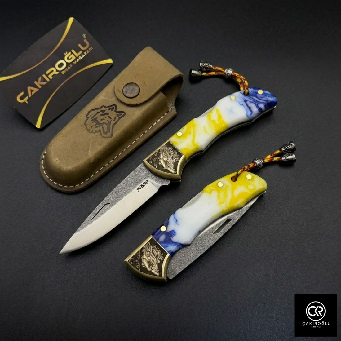 Showy Elite Epoxy Version Handcrafted Custom Folding Knife - N690 Böhler Steel & Engraved Brass Apron