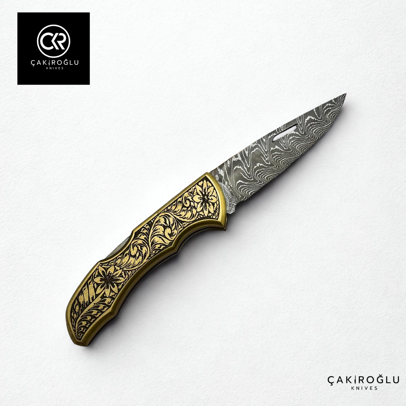 Showy Limited Edition Small Size Handcrafted Custom-made Folding Collectible Knife - Damascus Steel & Engraved Brass Handle