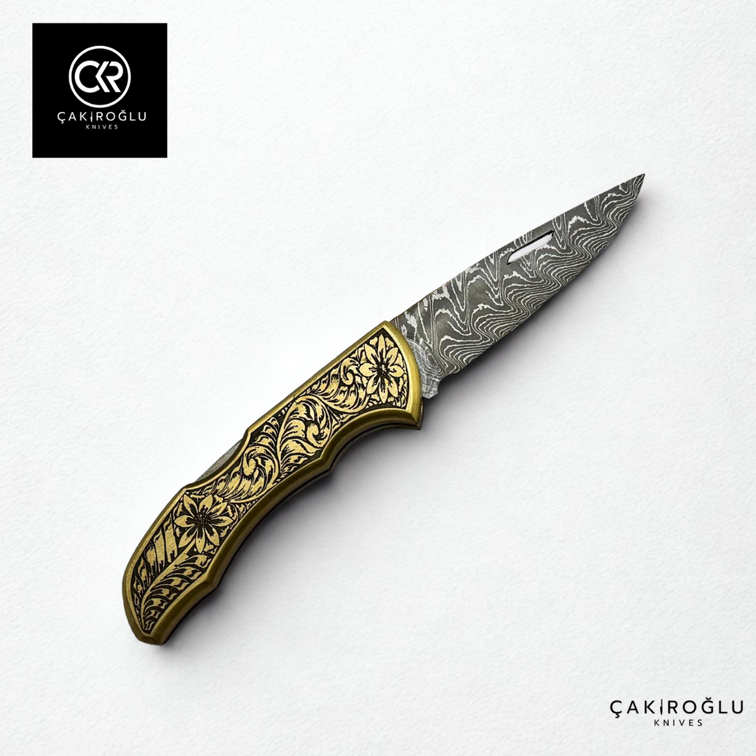Showy Limited Edition Small Size Handcrafted Custom-made Folding Collectible Knife - Damascus Steel & Engraved Brass Handle