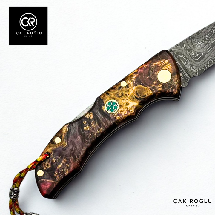 Showy Series Handcrafted Folding Knife - Damascus Steel & Stabilized Wood Handle