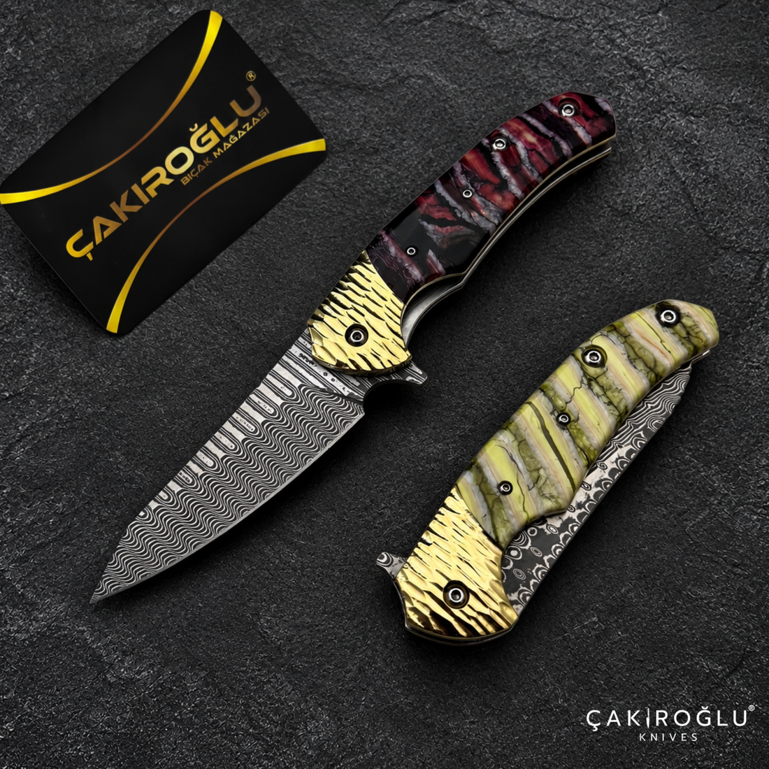 Limited Edition Stainless Damascus Steel Folding Knife with Mammoth Tusk Handle