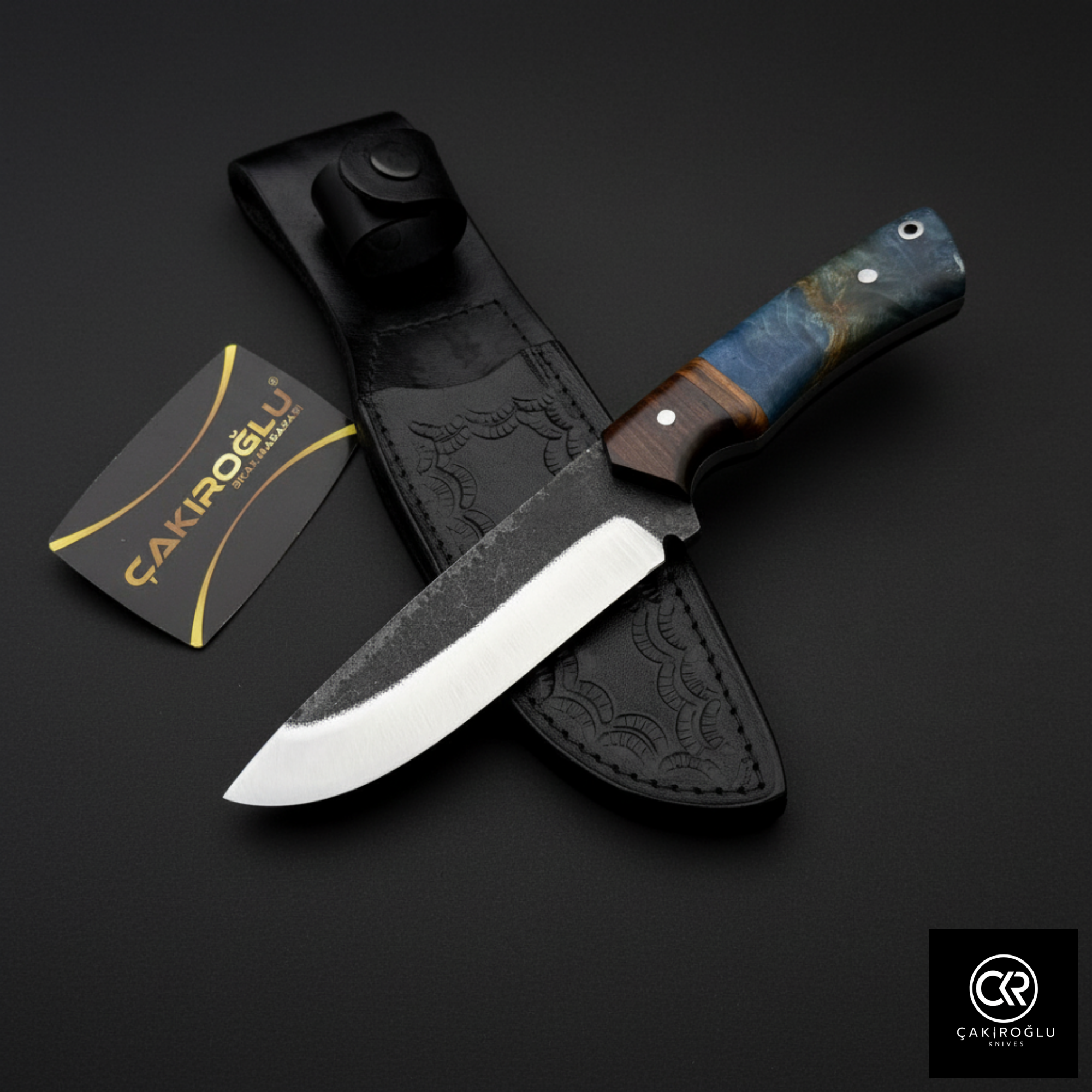 Custom Hand-Forged Knife – 5160 Forged Steel, Stabilized, Olive & Walnut Root Handle, Leather Sheath