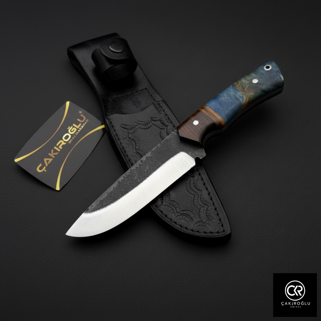 Custom Hand-Forged Knife – 5160 Forged Steel, Stabilized, Olive & Walnut Root Handle, Leather Sheath