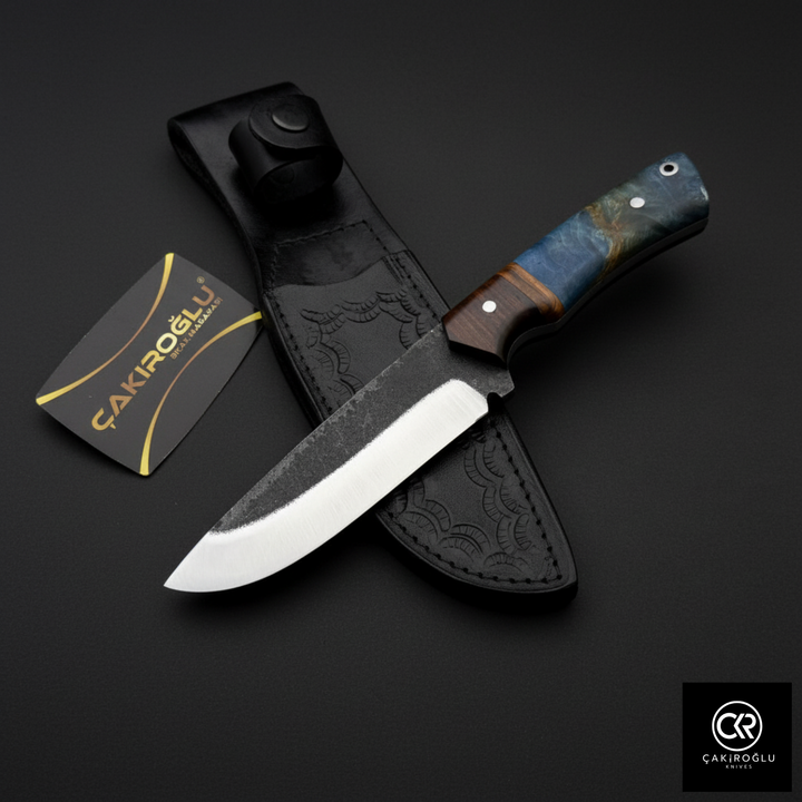Custom Hand-Forged Knife – 5160 Forged Steel, Stabilized, Olive & Walnut Root Handle, Leather Sheath
