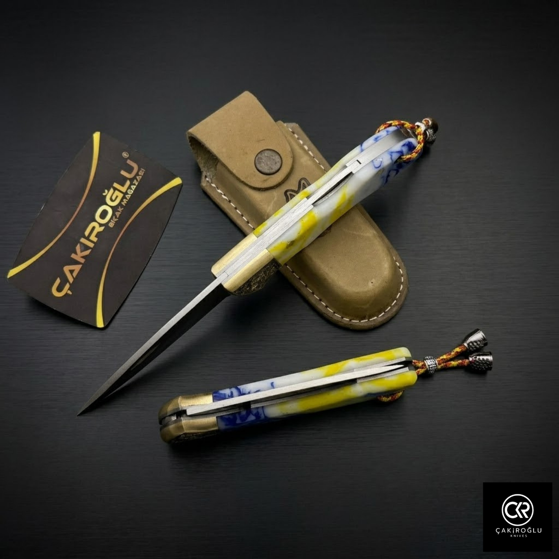 Showy Elite Epoxy Version Handcrafted Custom Folding Knife - N690 Böhler Steel & Engraved Brass Apron