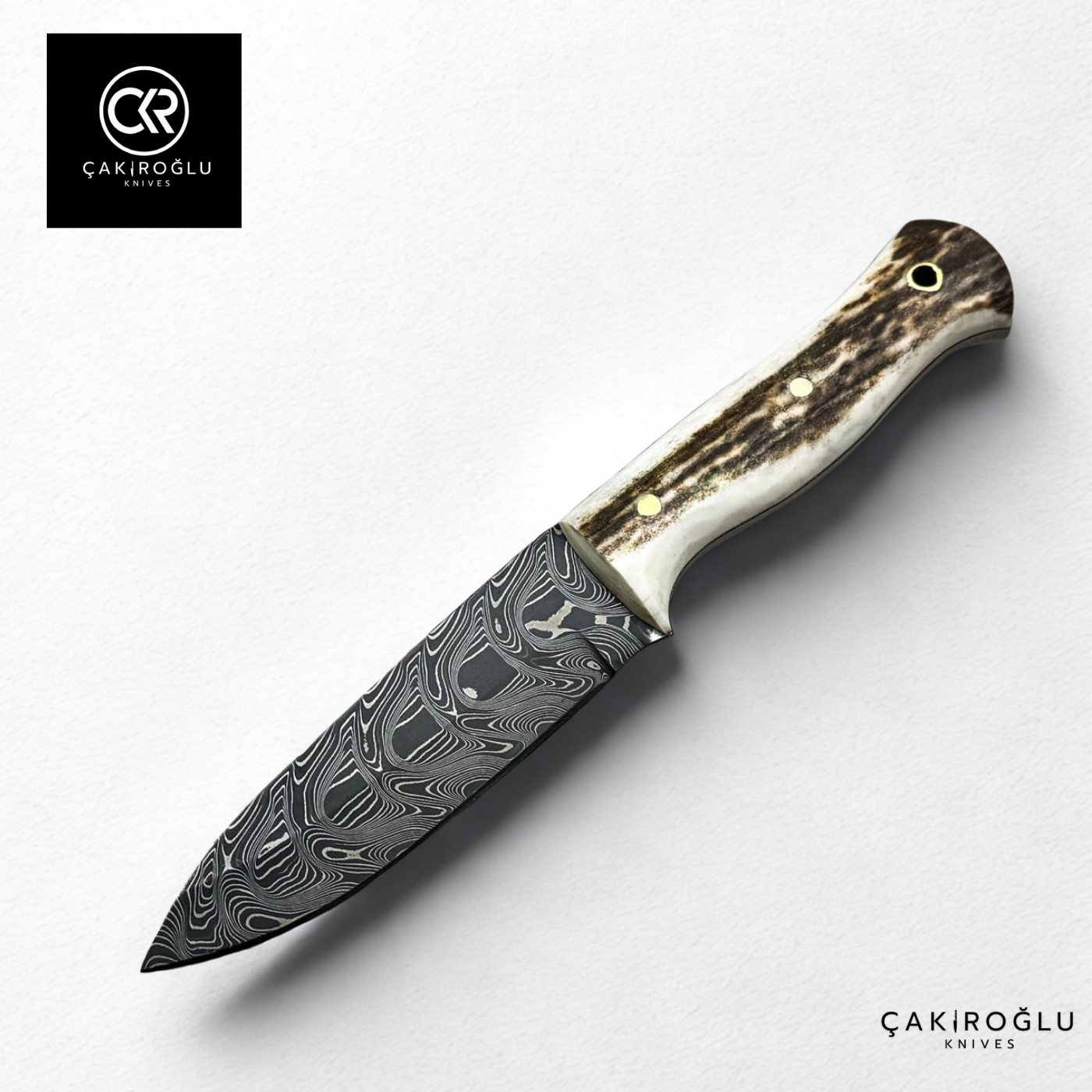 Handcrafted Custom-made Damascus Steel Bushcraft Hunting Knife - Deer Antler Handle