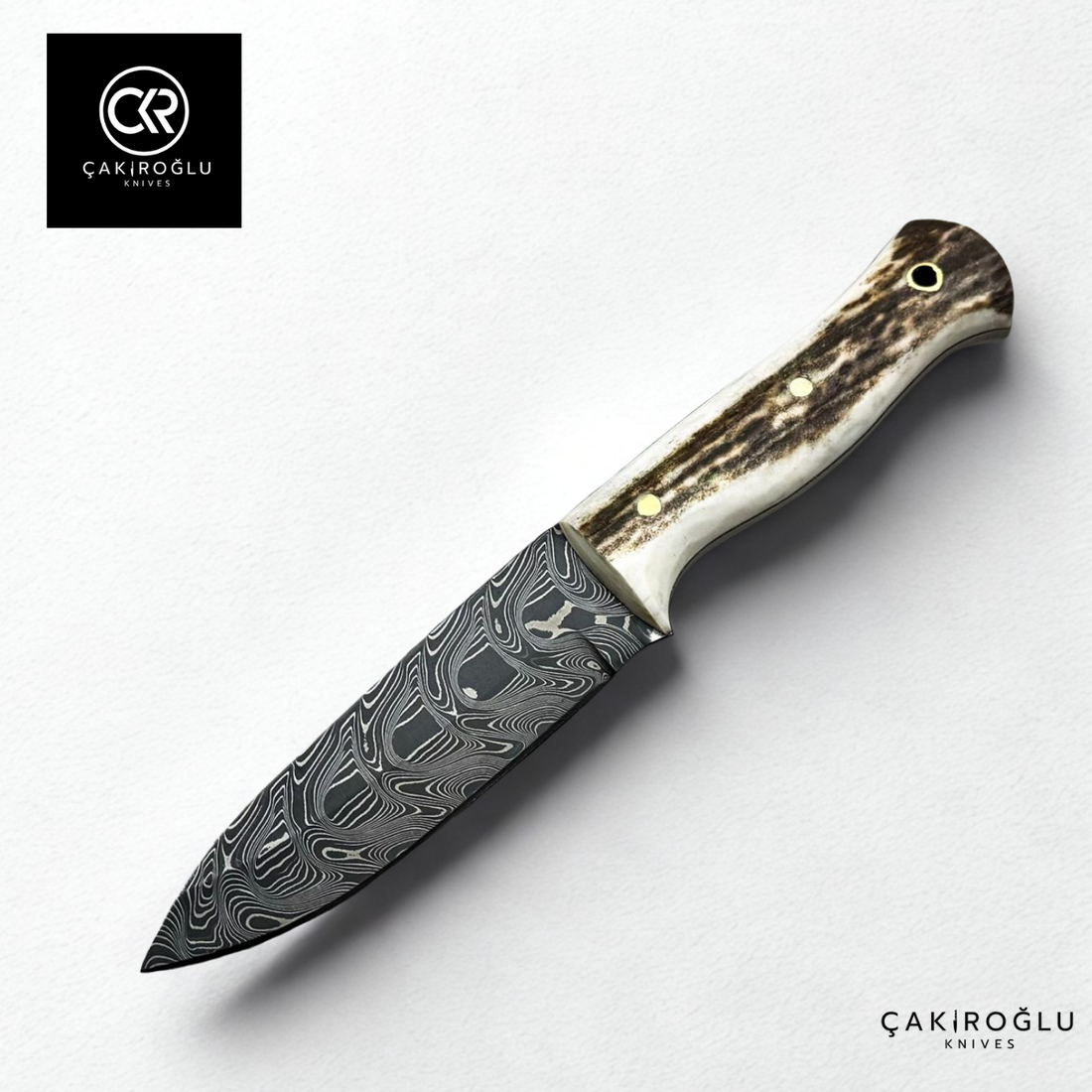 Handcrafted Custom-made Damascus Steel Bushcraft Hunting Knife - Deer Antler Handle