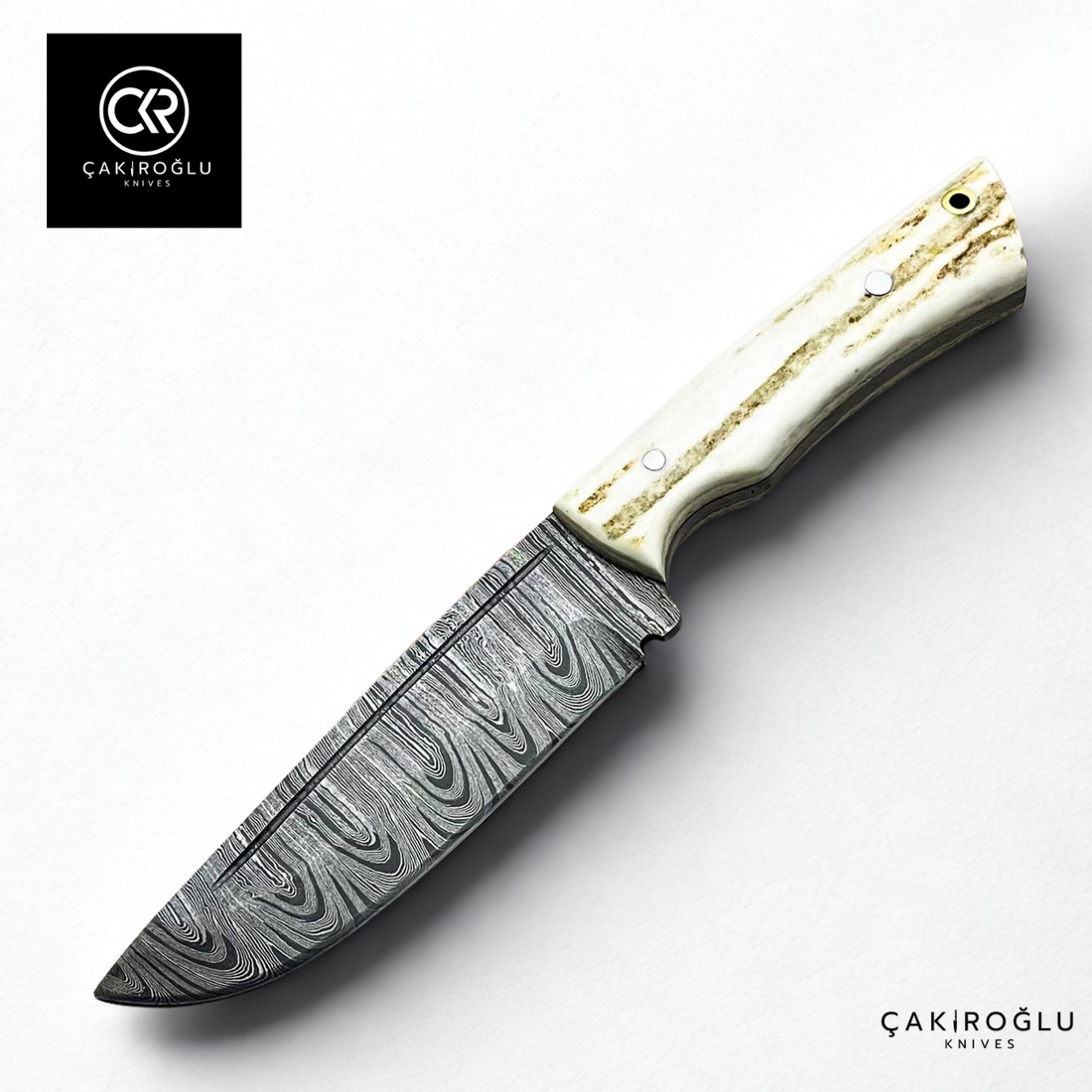 Handcrafted Custom-made Damascus Steel & Deer Antler Handle Hunting Knife