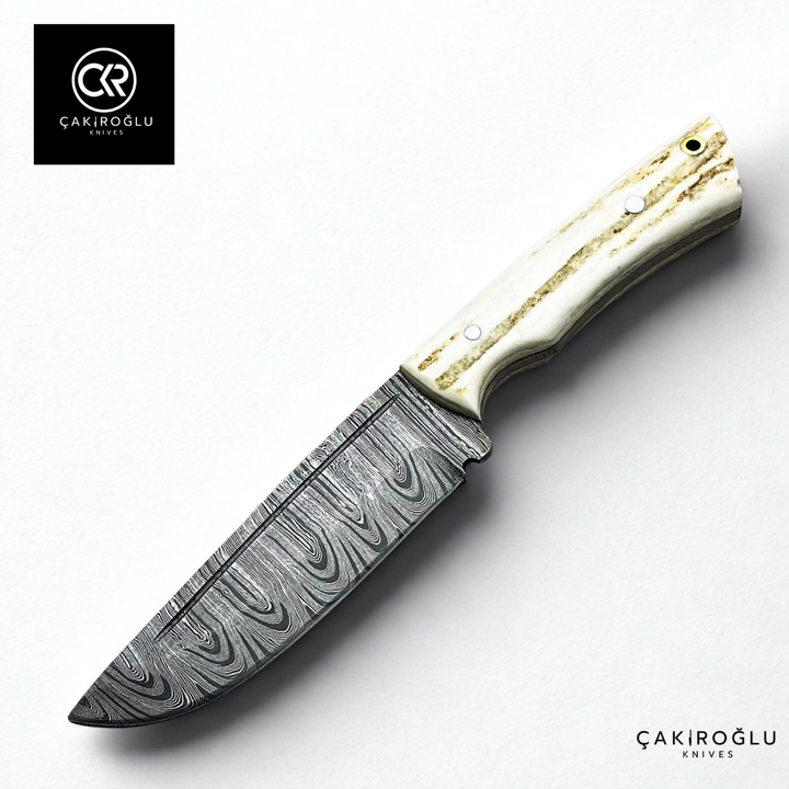 Handcrafted Custom-made Damascus Steel & Deer Antler Handle Hunting Knife