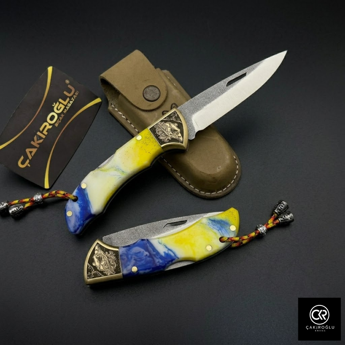 Showy Elite Epoxy Version Handcrafted Custom Folding Knife - N690 Böhler Steel & Engraved Brass Apron
