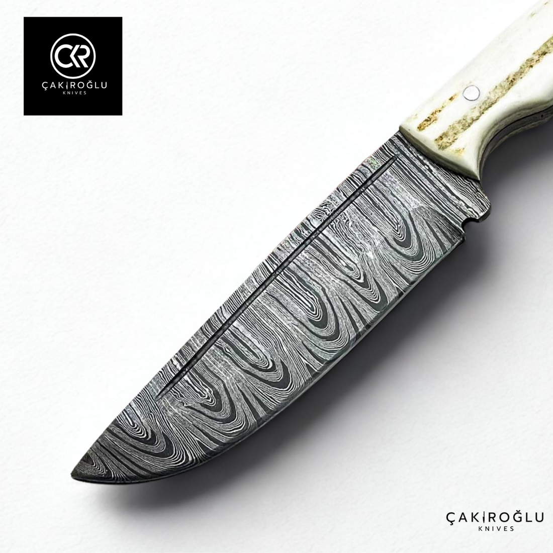 Handcrafted Custom-made Damascus Steel & Deer Antler Handle Hunting Knife