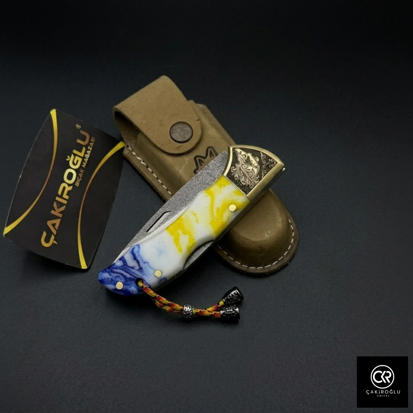 Showy Elite Epoxy Version Handcrafted Custom Folding Knife - N690 Böhler Steel & Engraved Brass Apron