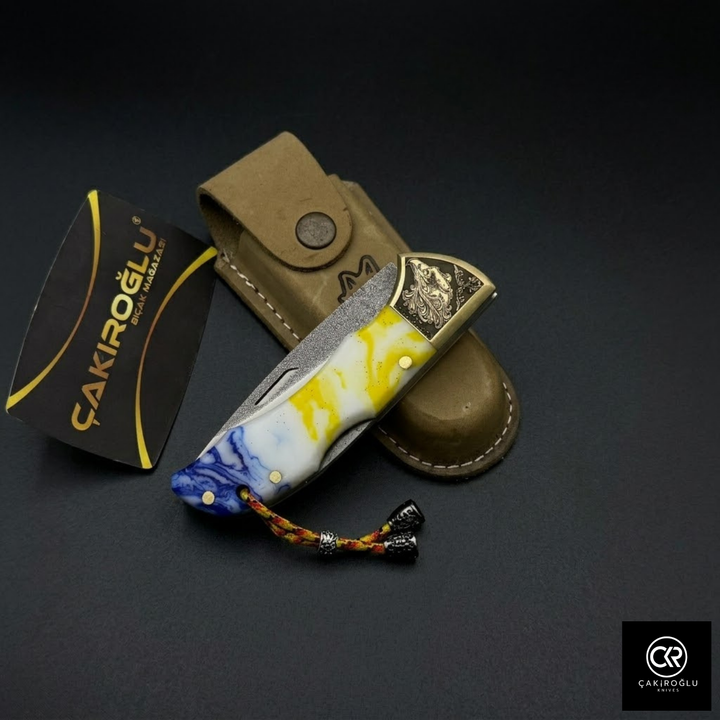 Showy Elite Epoxy Version Handcrafted Custom Folding Knife - N690 Böhler Steel & Engraved Brass Apron