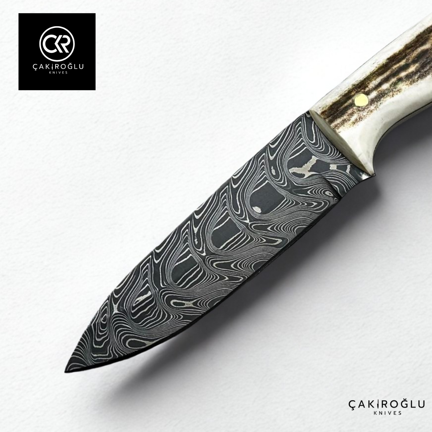 Handcrafted Custom-made Damascus Steel Bushcraft Hunting Knife - Deer Antler Handle