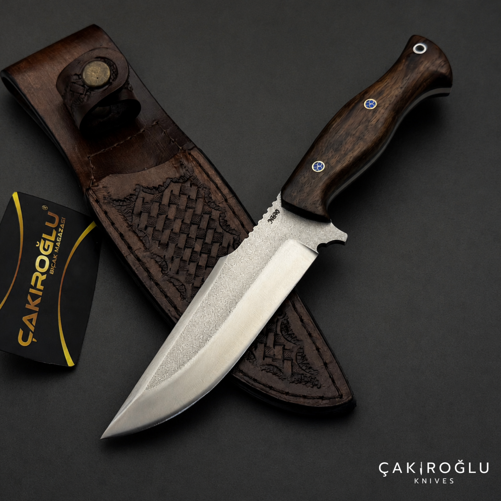 Handmade N690 Steel Hunting Knife with Sheath - Walnut Handle