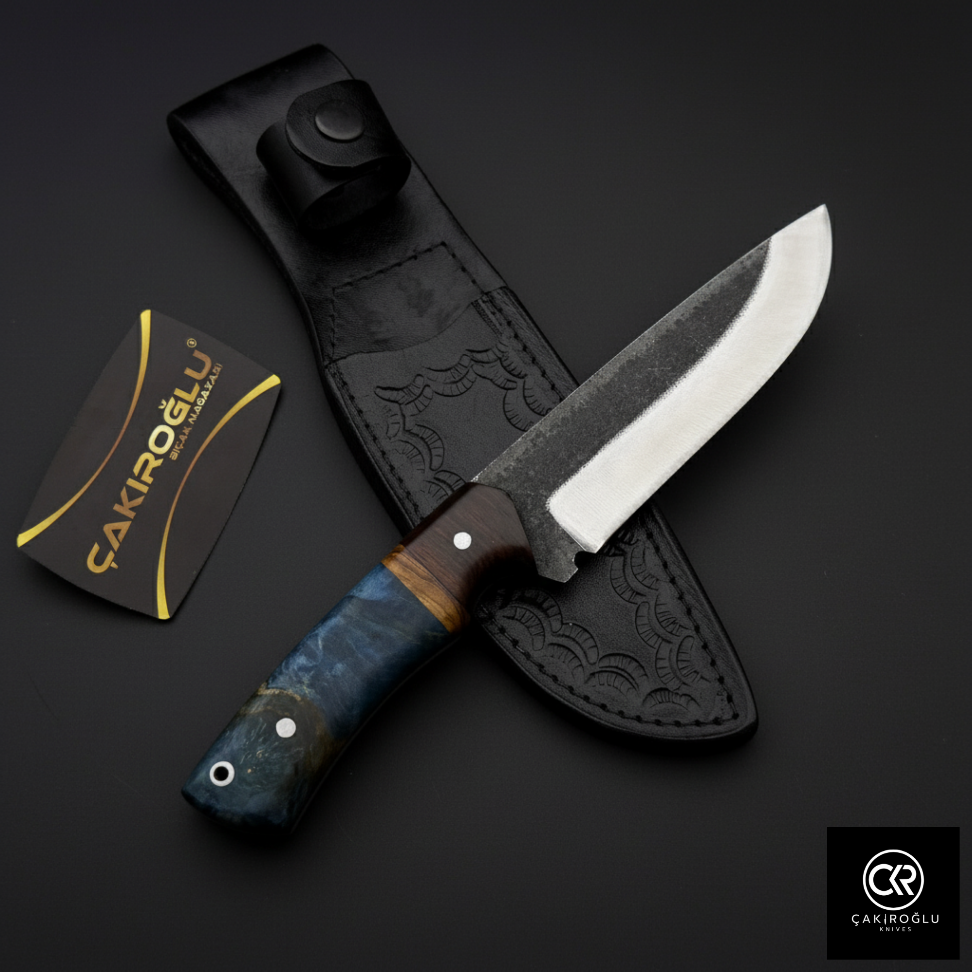 Custom Hand-Forged Knife – 5160 Forged Steel, Stabilized, Olive & Walnut Root Handle, Leather Sheath