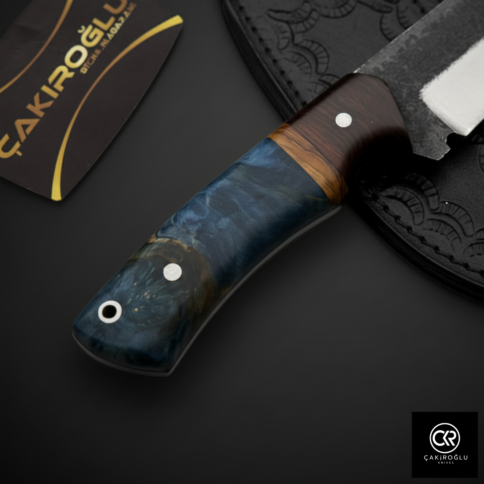 Custom Hand-Forged Knife – 5160 Forged Steel, Stabilized, Olive & Walnut Root Handle, Leather Sheath