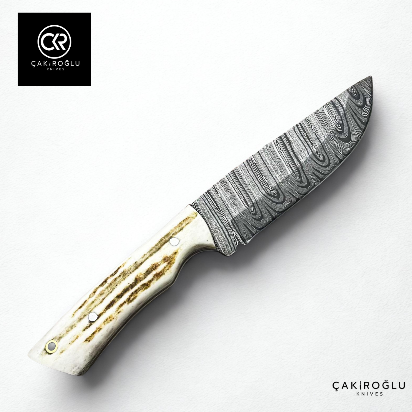 Handcrafted Custom-made Damascus Steel & Deer Antler Handle Hunting Knife