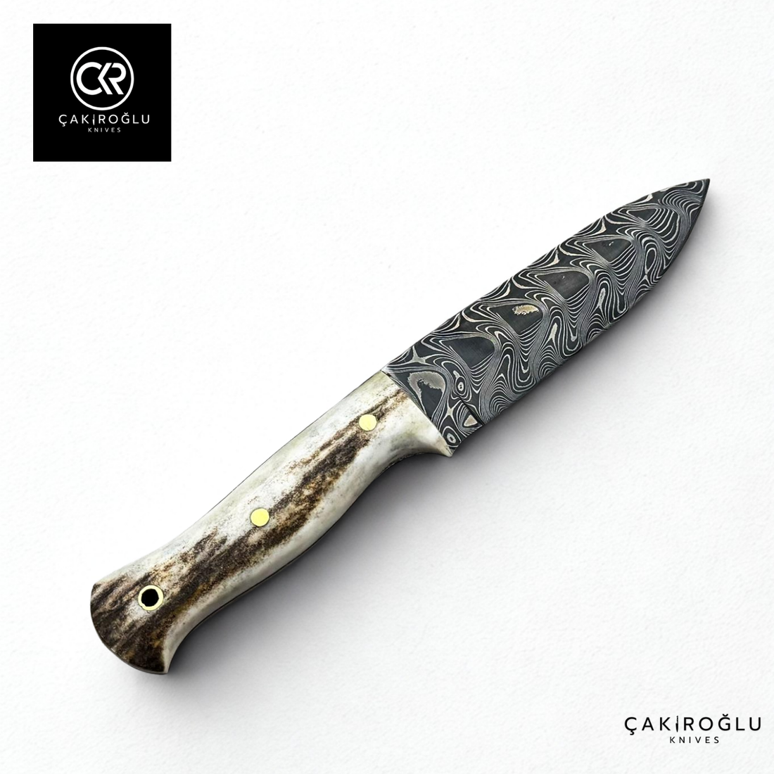 Handcrafted Custom-made Damascus Steel Bushcraft Hunting Knife - Deer Antler Handle