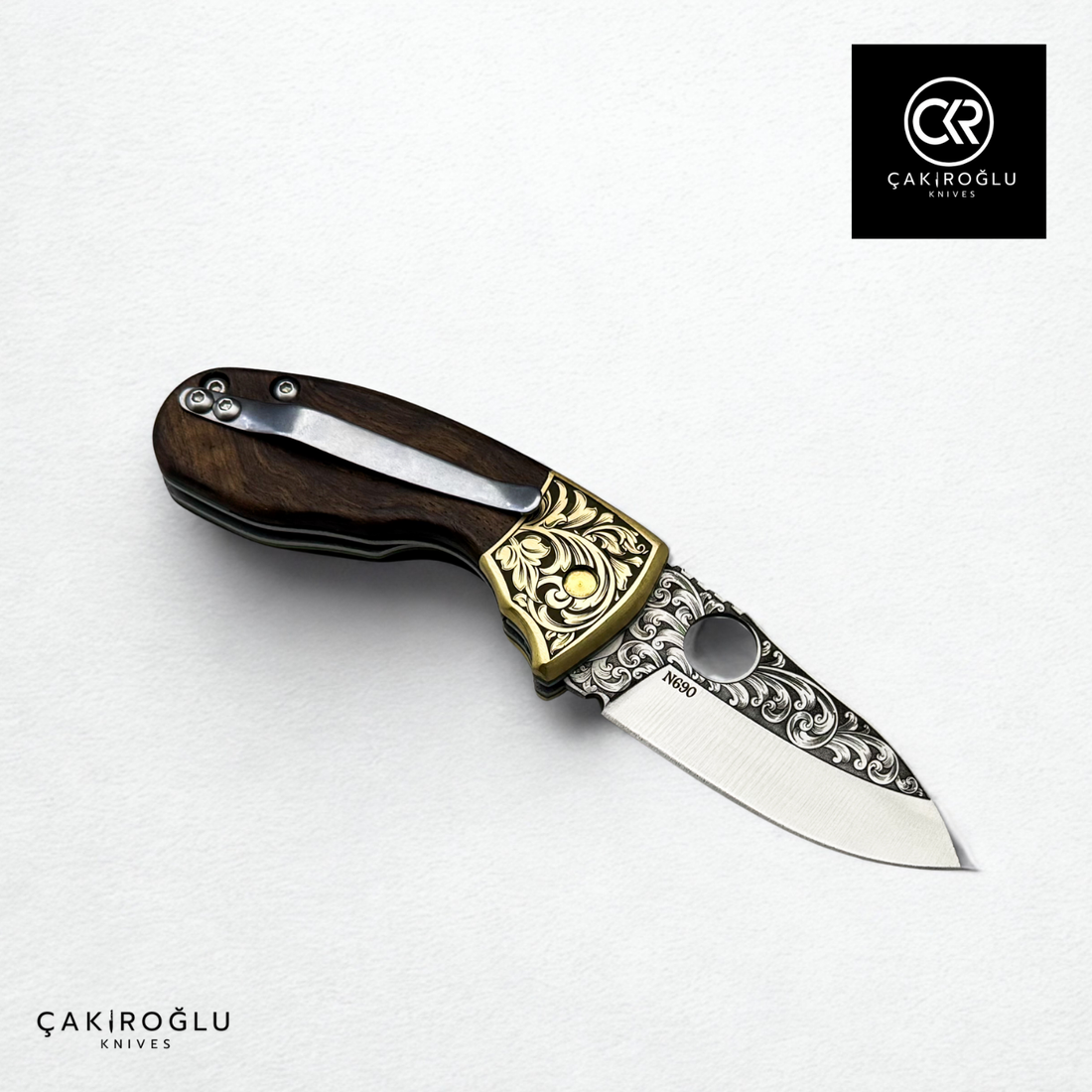 Naim 107 Plus - Custom Handcrafted Folding Knife - Engraved N690 Böhler Steel & Engraved Brass Apron