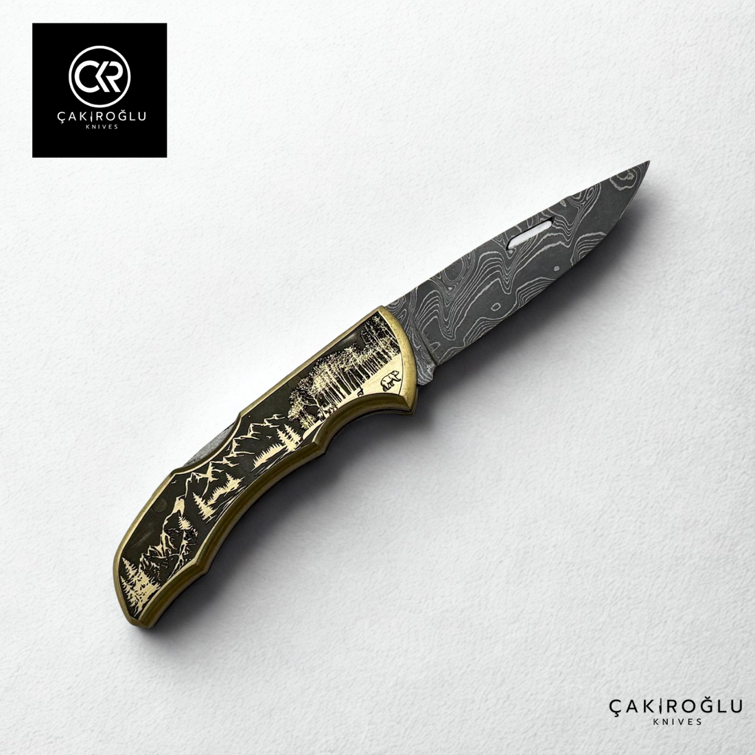 Showy Limited Edition Small Size Handcrafted Custom-made Folding Collectible Knife - Damascus Steel & Engraved Brass Handle