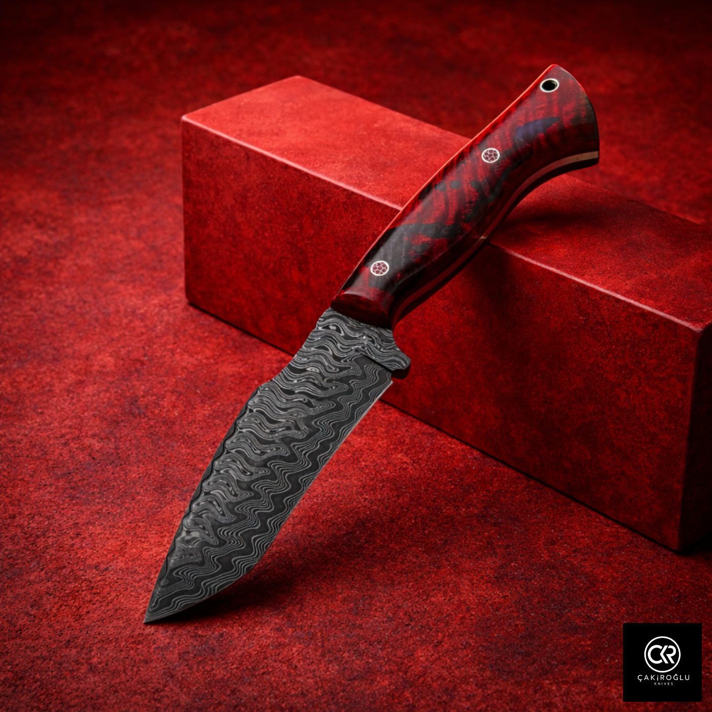 Çakıroğlu Handmade Custom-made Damascus Steel & Stabilized Tulipwood Handle Tanto Model Hunting Knife