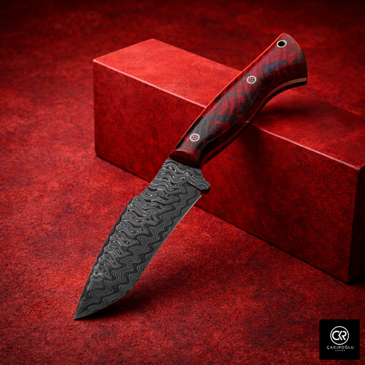 Çakıroğlu Handmade Custom-made Damascus Steel & Stabilized Tulipwood Handle Tanto Model Hunting Knife