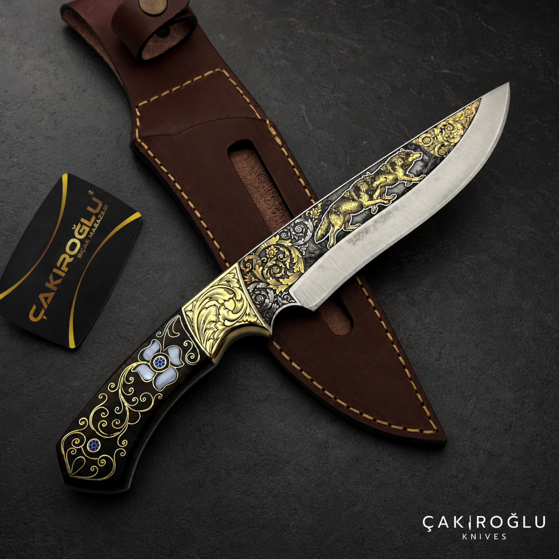 Handmade Gold Engraved N690 Hunting Knife – Walnut Handle with Mother of Pearl & Gold Details