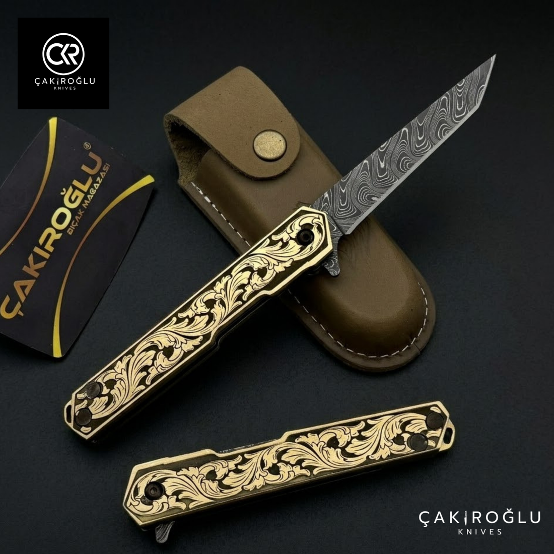 Handmade Damascus Pocket Folding Knife, Engraved Brass Handle