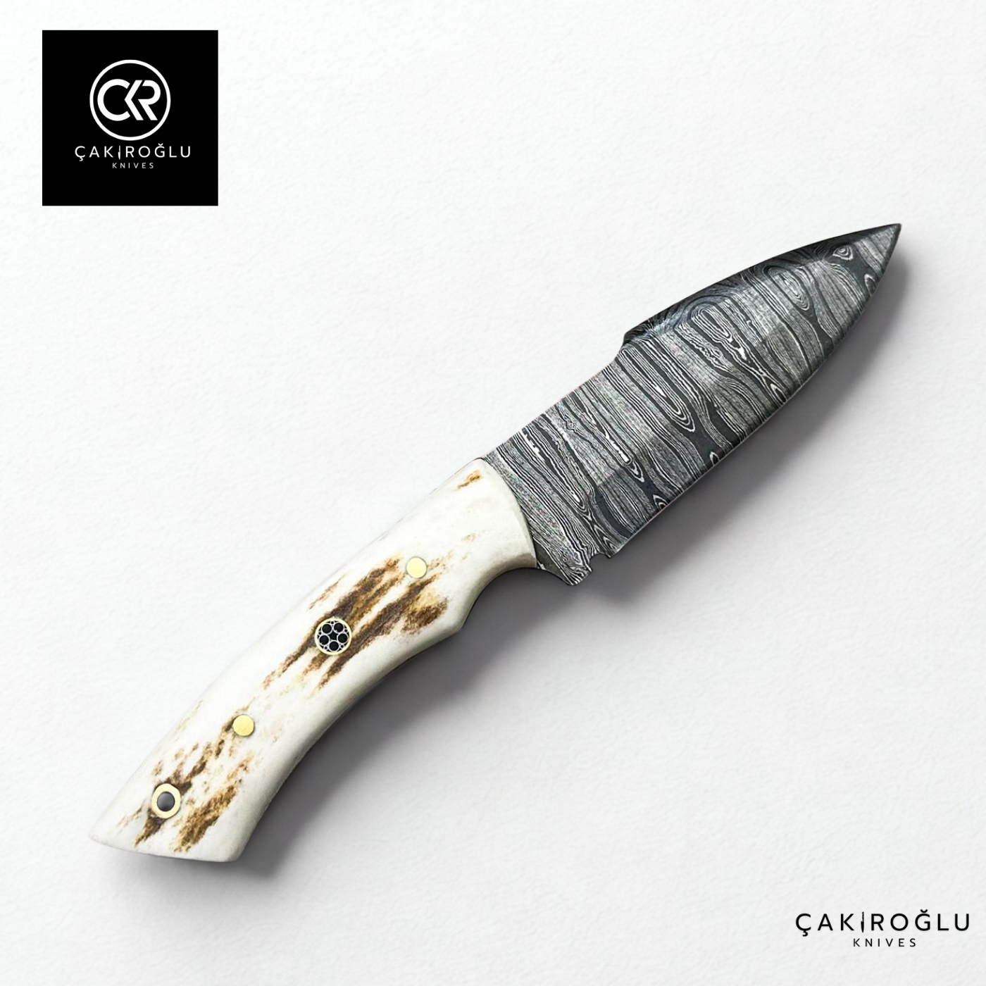 Handcrafted Custom-made Damascus Steel & Deer Antler Handle Hunting Knife