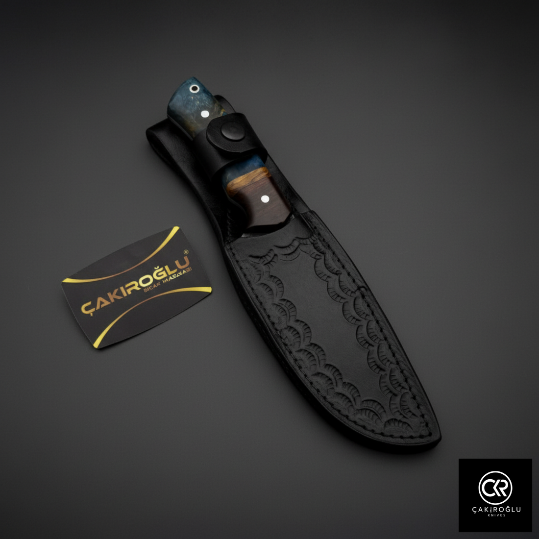 Custom Hand-Forged Knife – 5160 Forged Steel, Stabilized, Olive & Walnut Root Handle, Leather Sheath