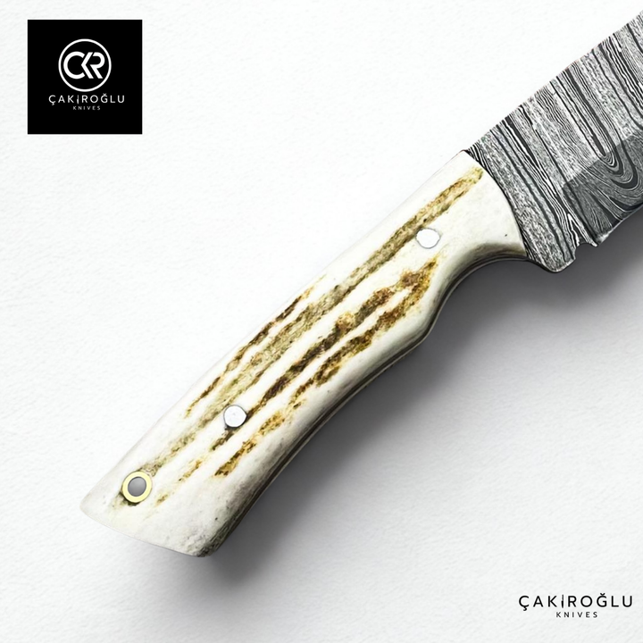 Handcrafted Custom-made Damascus Steel & Deer Antler Handle Hunting Knife
