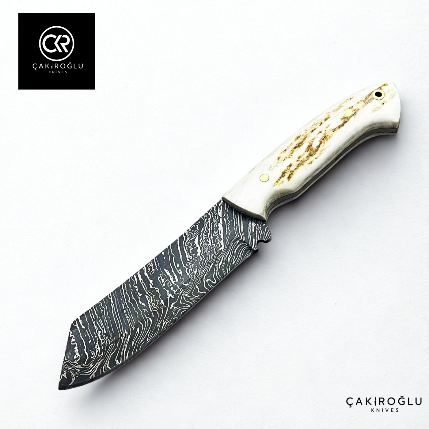 Handcrafted Custom-made Damascus Steel & Deer Antler Handle Hunting Knife