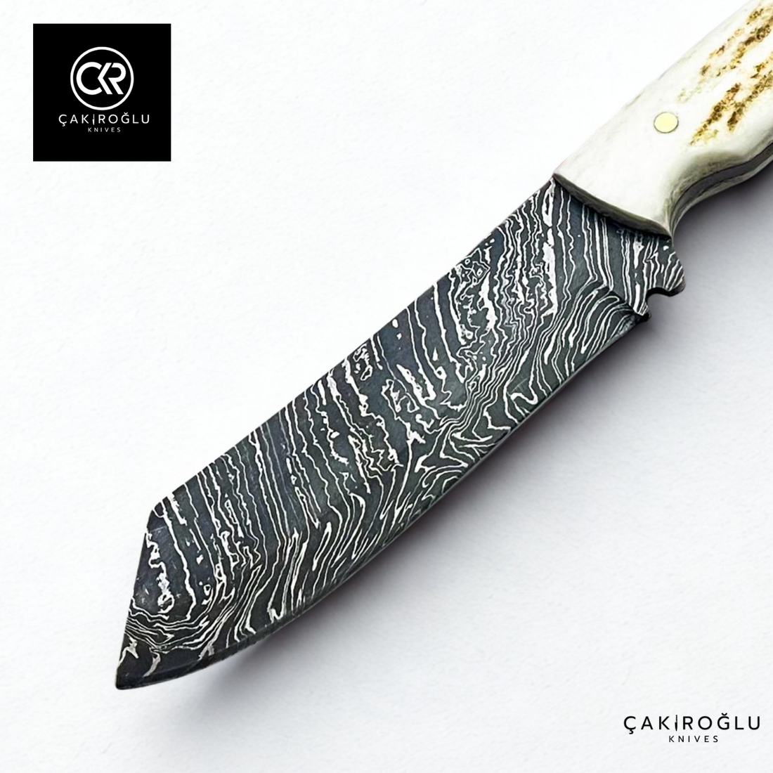 Handcrafted Custom-made Damascus Steel & Deer Antler Handle Hunting Knife
