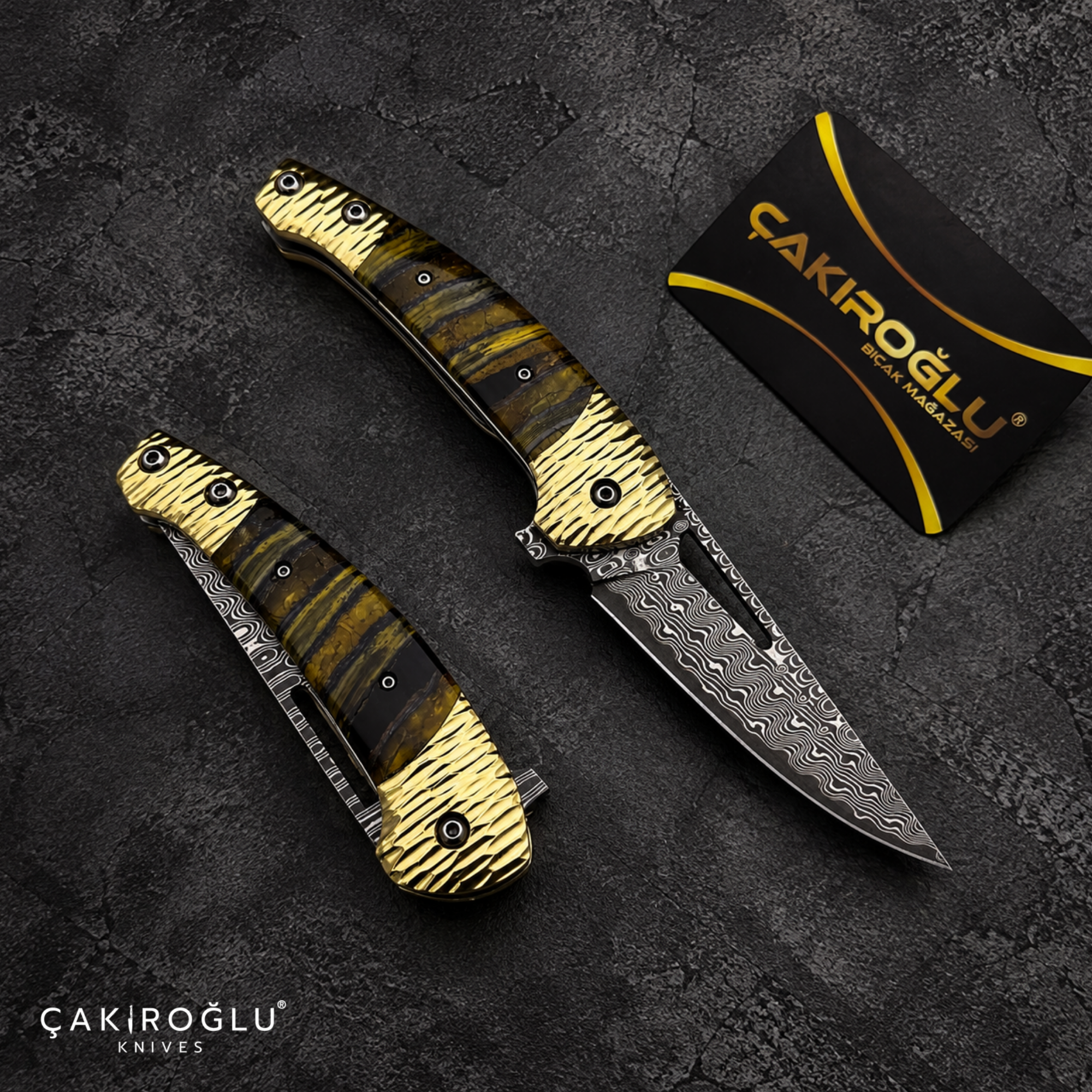 Limited Edition Stainless Damascus Steel Folding Knife with Mammoth Tusk Handle