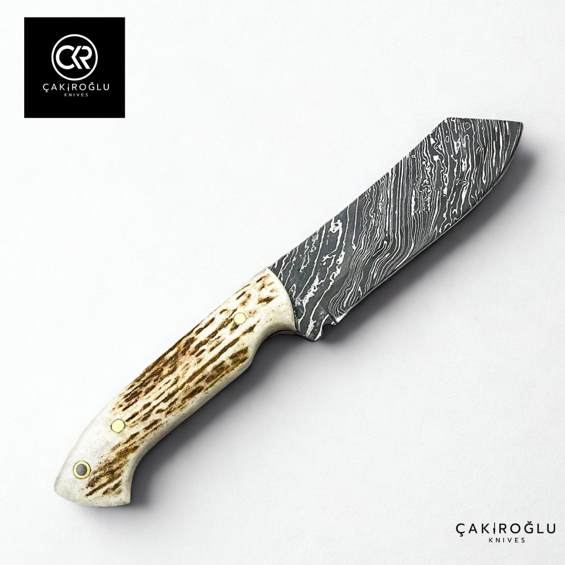 Handcrafted Custom-made Damascus Steel & Deer Antler Handle Hunting Knife