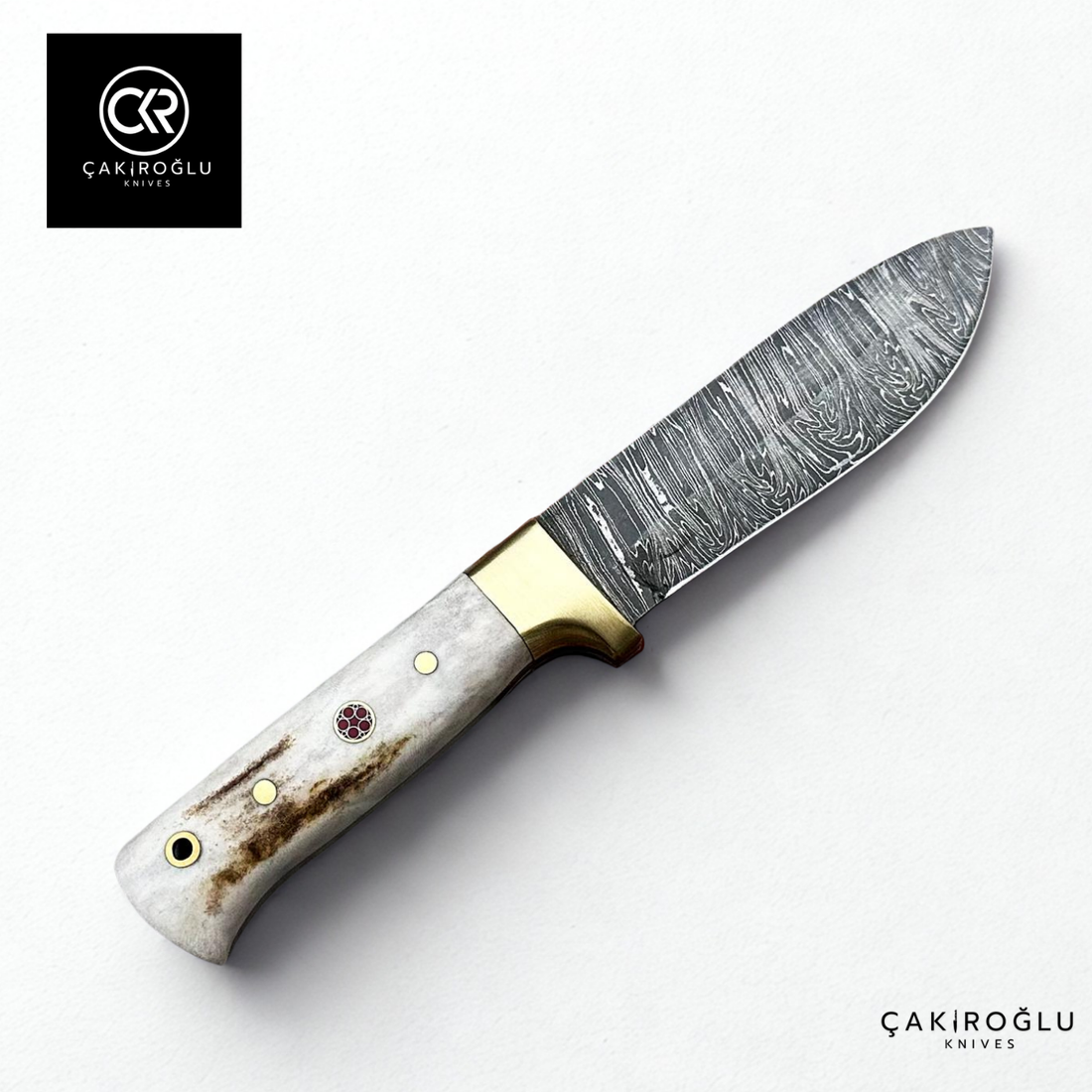 Handcrafted Custom-made Damascus Steel Bushcraft Hunting Knife - Deer Antler Handle & Brass Apron