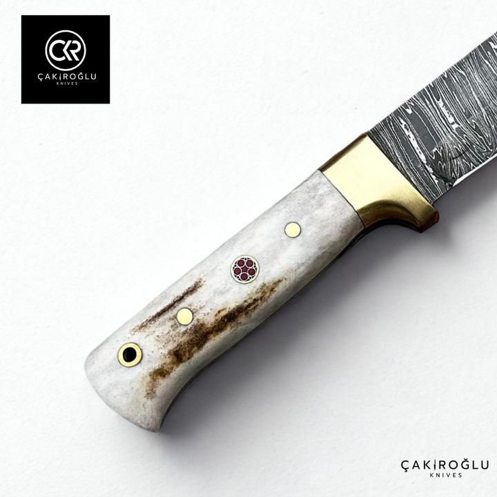 Handcrafted Custom-made Damascus Steel Bushcraft Hunting Knife - Deer Antler Handle & Brass Apron
