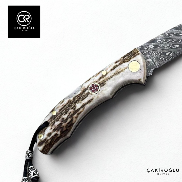 Showy Series Small Size Handcrafted Folding Knife - Damascus Steel & Deer Antler Handle