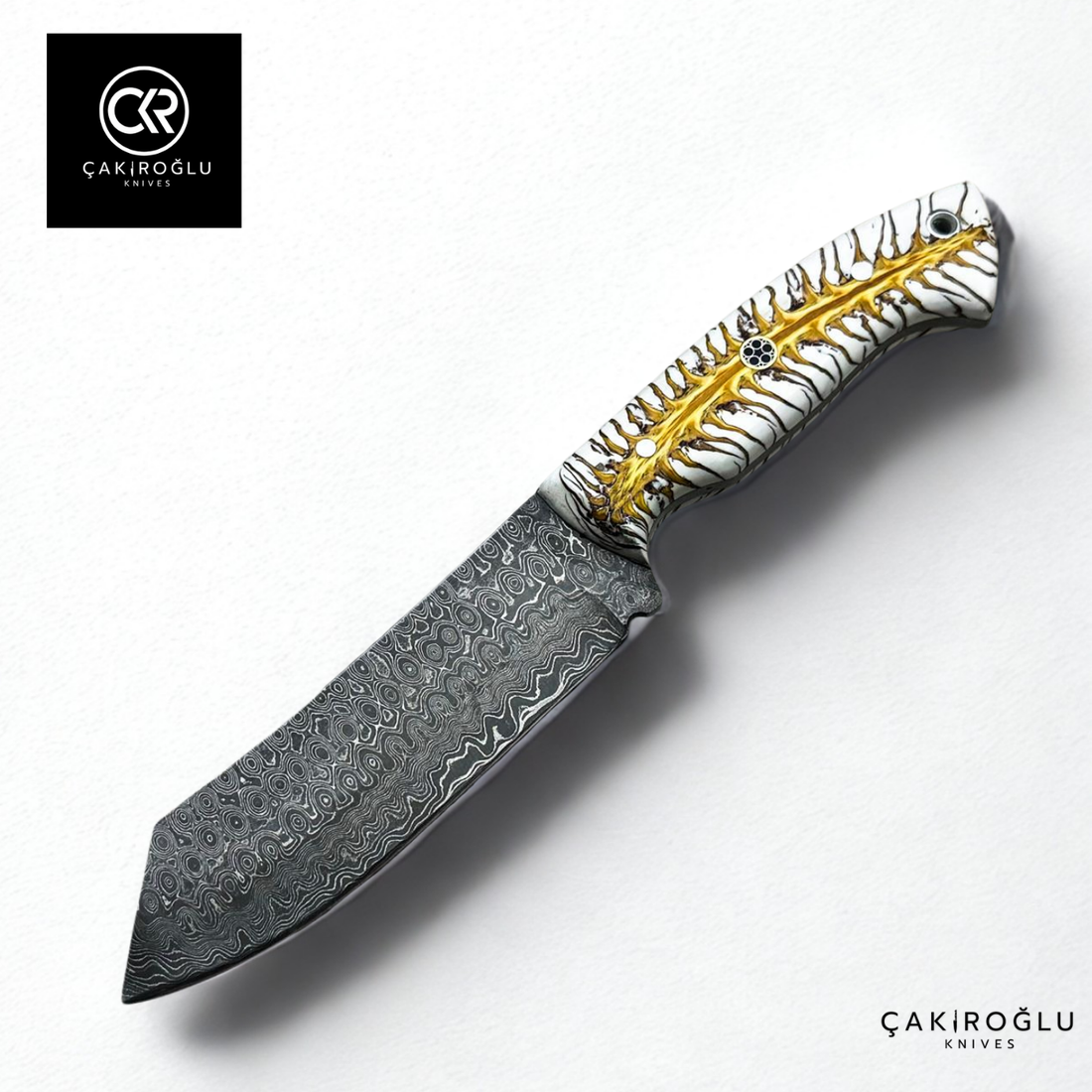 Handcrafted Custom-made Damascus Steel & Pine Cone Epoxy Handle Hunting Knife