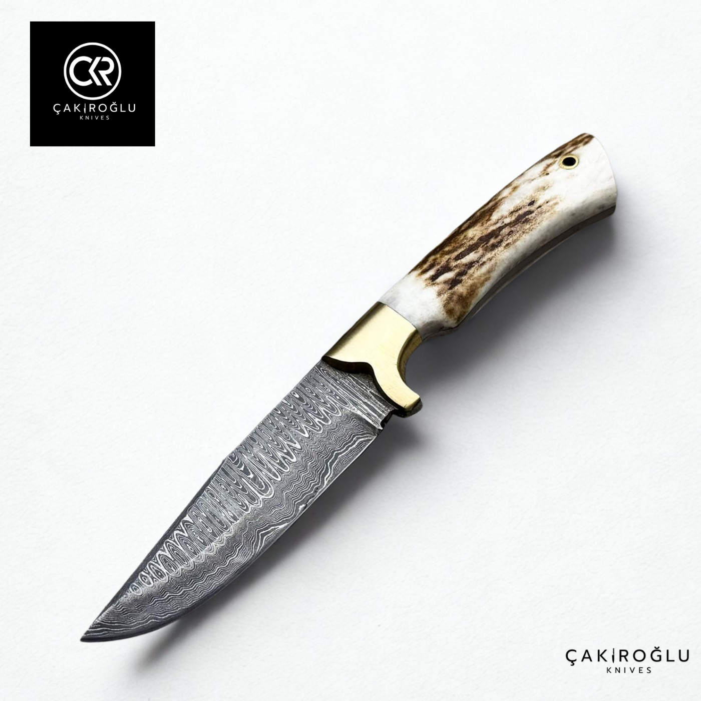 Handcrafted Custom-made Damascus Steel Bushcraft Hunting Knife - Deer Antler Handle & Brass Apron