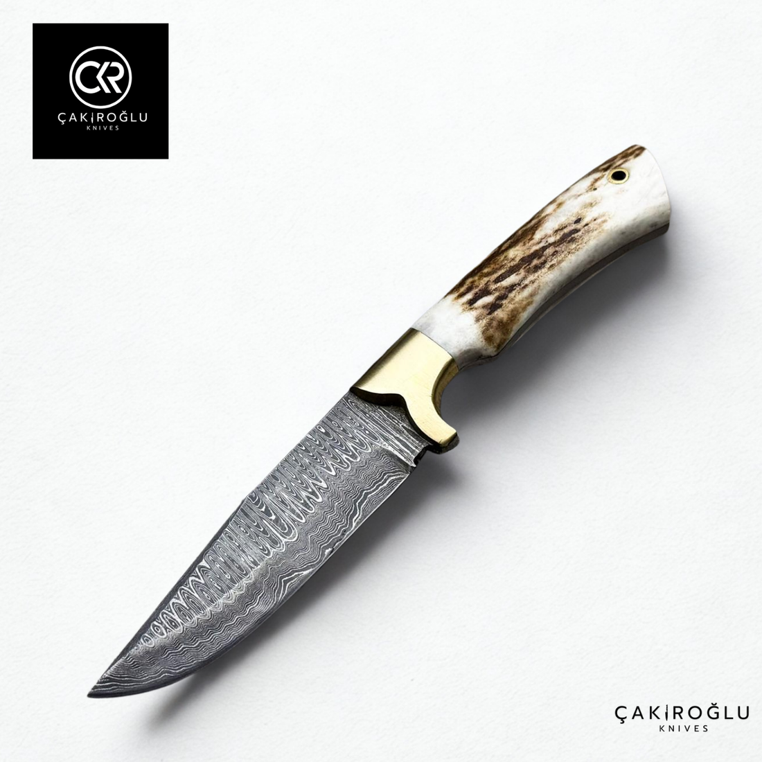 Handcrafted Custom-made Damascus Steel Bushcraft Hunting Knife - Deer Antler Handle & Brass Apron