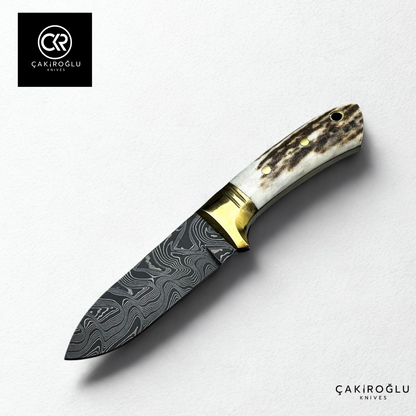 Handcrafted Custom-made Small-Size Damascus Steel Bushcraft Hunting Knife - Deer Antler Handle & Brass Apron